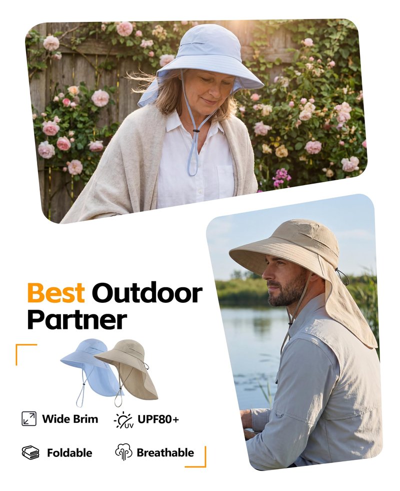 Home Prefer UPF 80+ Sun Hat for Men Women Wide Brim Sun Hat with Neck Flap Summer Safari UV Protection Gardening Fishing Hat Khaki