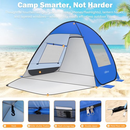 Pop Up Beach Tent UPF 50+ Shade Sun Shelter for 1-3 Persons Canopy Cabana with 2 Doors Easy Set Up Beach Umbrella(BU