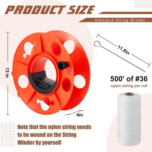 PullCrease Sports Standard String Winder Kit with 500 ft #36 Nylon String Line and Ground Nail, Baseball Field Line String Cord Storage Reel with Center Spin Handle for Baseball Soccer Track and Field