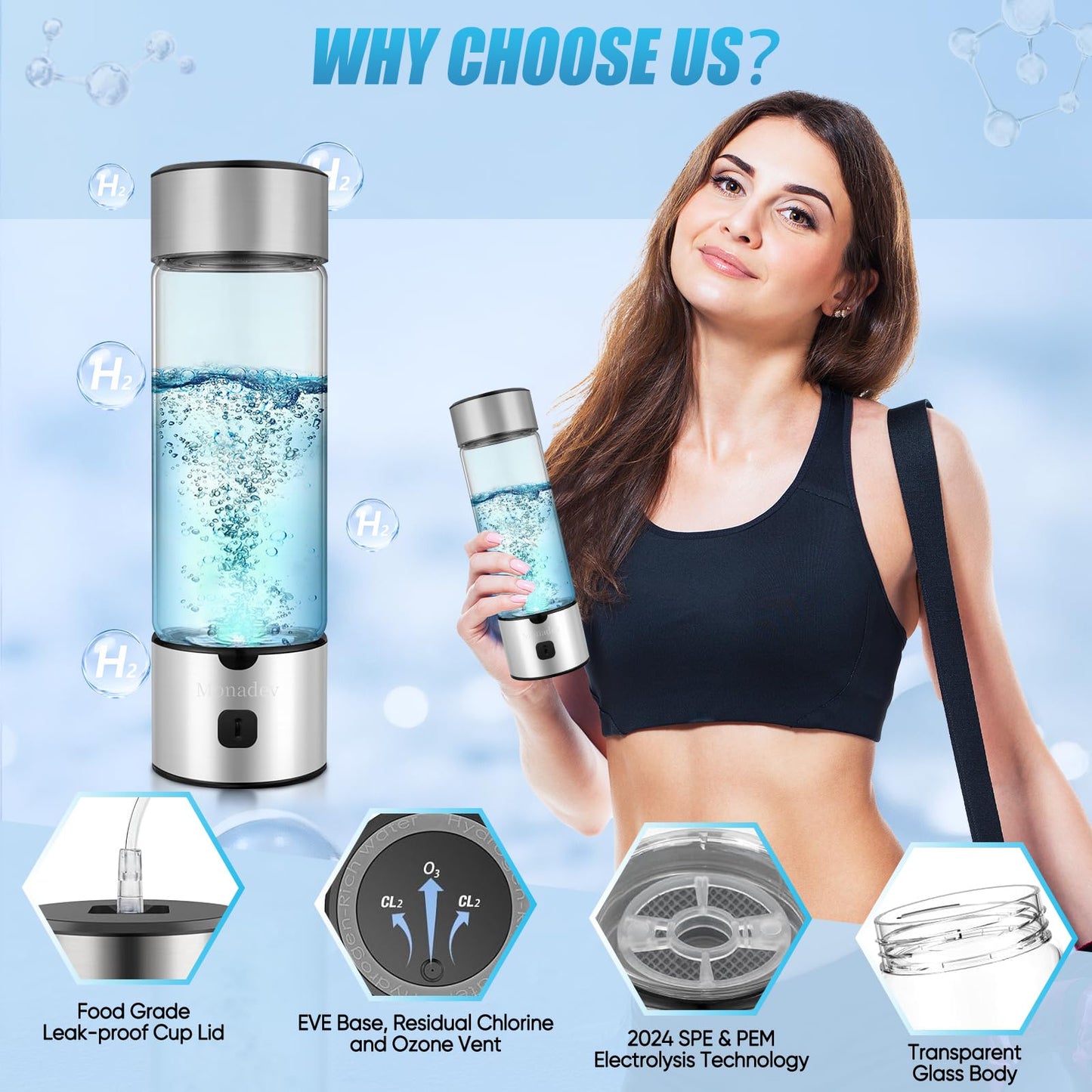 Hydrogen Water Bottle Generator,2025 New Hydrogen Water Bottle with Advanced SPE/PEM Tech-3 Min Up to 2300+ PPB,Portable & Rechargeable Hydrogen Water Ionizer Machine for Fitness and Trave (Silver)
