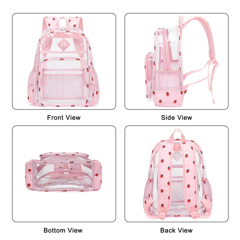 Xunteny Clear Backpack for Girls Women School Bookbag Heavy Duty Transparent Backpacks (Pink Corduroy Strawberry)