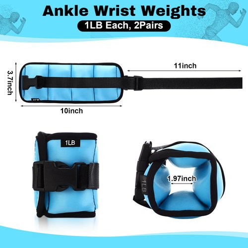 Hollowfly 2 Pairs Ankle Wrist Weights for Land or Aquatic Exercise Aqua Cuffs Aqua Aerobics Fitness Bands for Ankle and Wrist Adjustable Weights for Swimming Pool Workout Equipment(Blue,1lb)