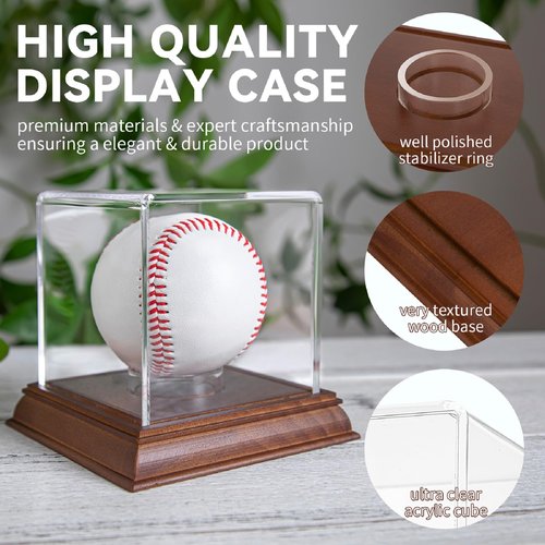 Yandino Baseball Display Case Acrylic Clear Cube Baseball Holder with Wooden Stand Memorabilia Showcase Autograph Ball Display Box UV Protected Wood Base Case for Balls