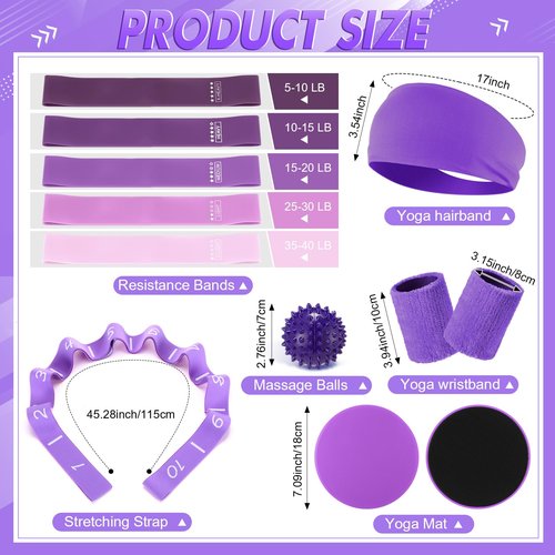 Poen 18 Pcs Pilates Ring Circle Set for Women Yoga Sets with Pilates Ring Circle Ball 5 Resistance Band Stretching Strap Non Slip Socks Ball Core Sliders Wristbands Headband Gym Bag(Purple)