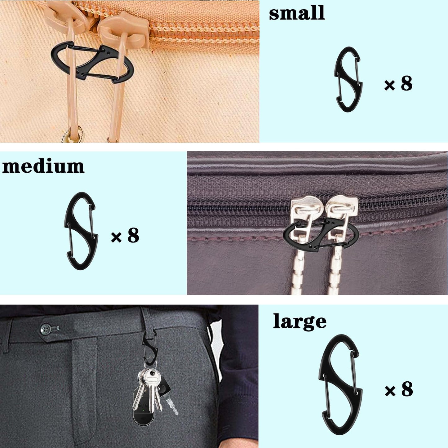 24pcs Small Carabiner Clip, S Clips Dual Opening Design, Replacement Mini Carabiner Clip (Black, 3 Sizes)
