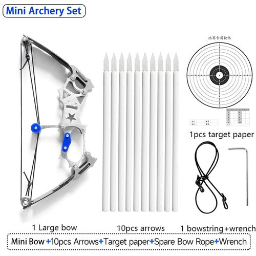 TIETHEKNOT Mini Archery Bow Set Right Hand Mini Compound Bow Mini Hunting Bow Metal Material Catapult RH/LH for Hunting Shooting Practice Archery Entertainment Fun, silvery