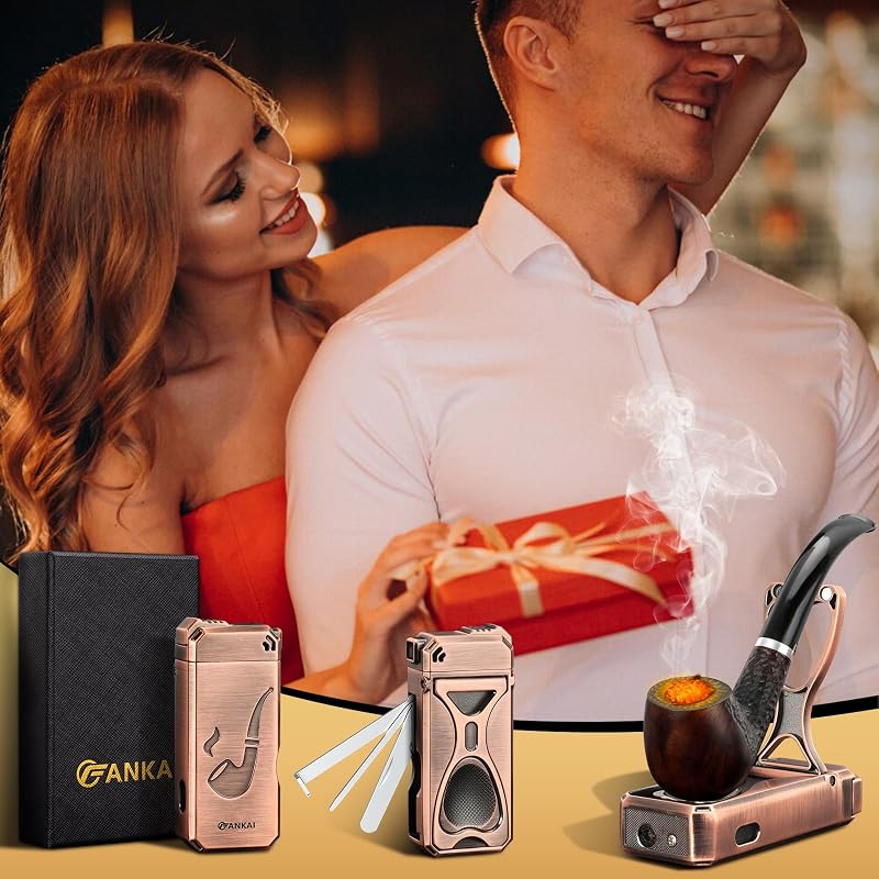 Bronze Pipe Lighter with Built-In Stand, 3-in-1 Cleaning Tools, Refillable Gas Lighter