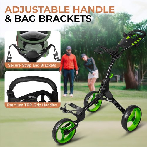 JOVIAL 3 Wheel Golf Push Cart - Lightweight Aluminum Frame, Ergonomic Handle, Deluxe Scorecard Holder, Easy Folding and Unfolding, Foot Brake, Patented Bag Holder, Ample Storage for Gear