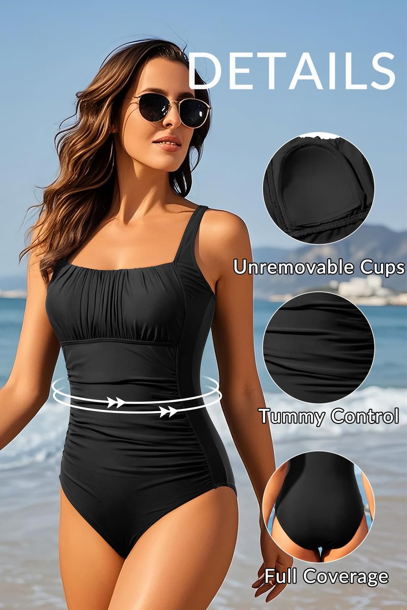 Aqua Eve One Piece Bathing Suit for Women Tummy Control Swimsuit Slimming Vintage Swimwear Black L