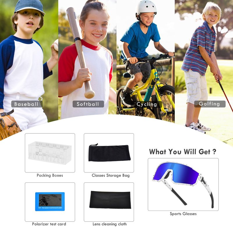 Derowern Youth Baseball Sunglasses, Kids Polarized Sports Sun glasses, Lightweight TR90 Frame UV400 Protection Outdoor Glasses for Boys Girls Softball Cycling Golf