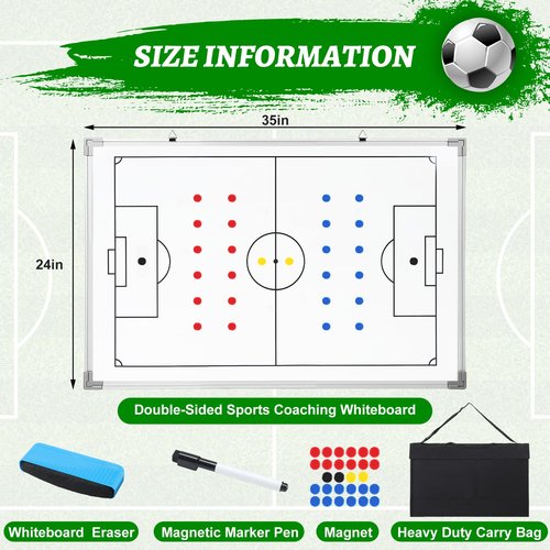 Lincia 35" x 24" Magnetic Soccer Coaching Whiteboard Large Double Sided Sport Coach Whiteboard Equipped with Magnetic Marker, Pen, Eraser and Carry Bag Soccer Football Tactical Presentation Clipboard
