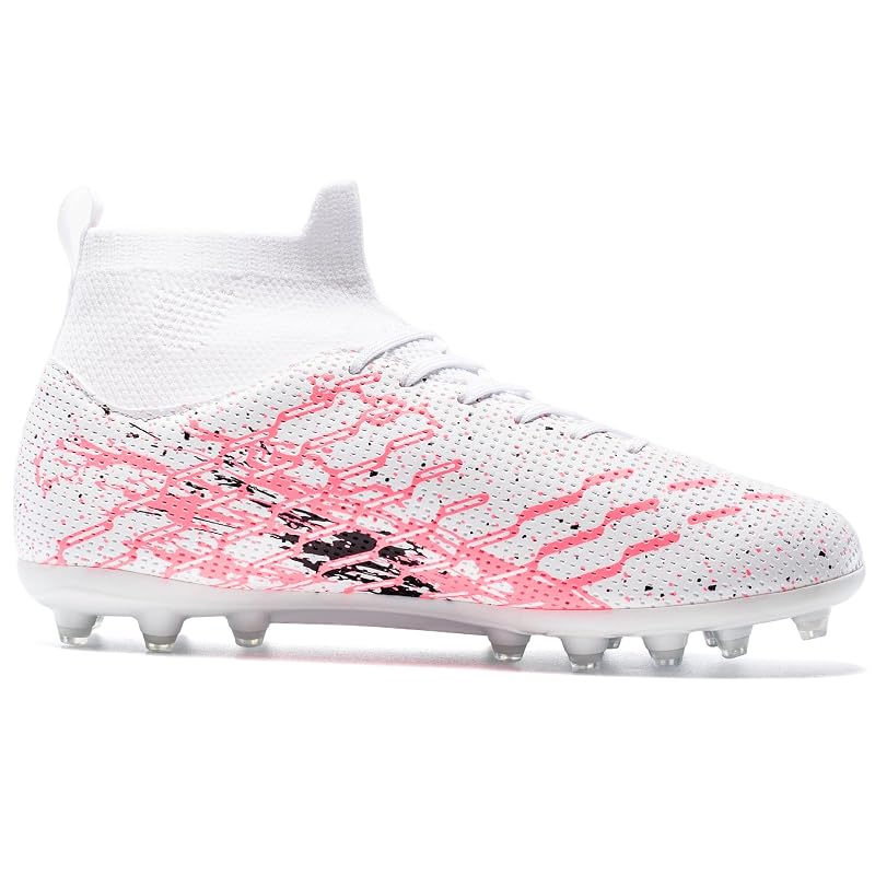 Unisex Soccer Cleats Lightweight No-Tie Lacing System - Pink/White 8.5 Women / 7 Men - Multi-Surface Football Shoes with Ankle Support