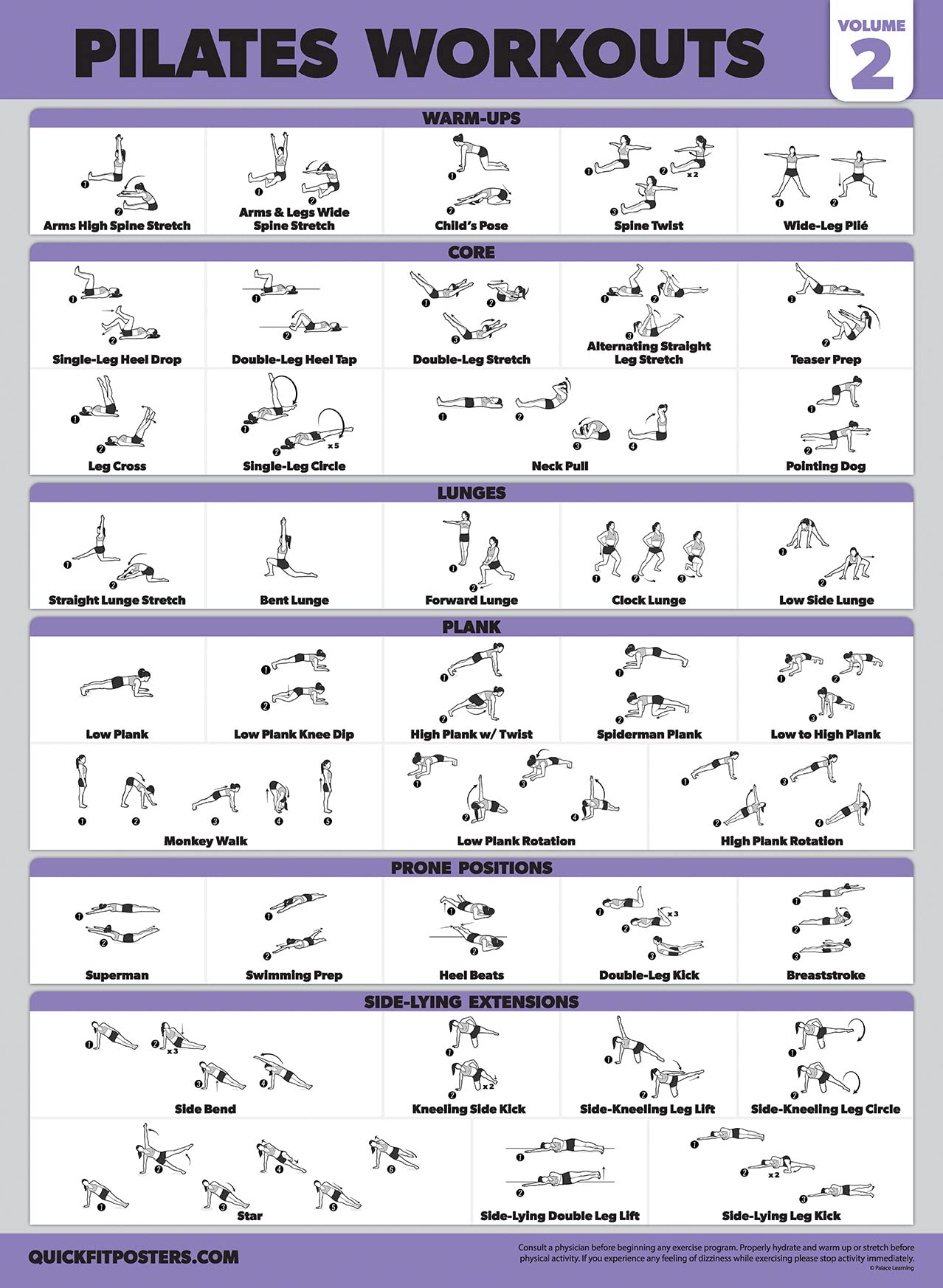 3 Pack - Pilates Workout Posters Volume 1 & 2 + Yoga Poses - Pilates Mat Work Exercises - Fitness Chart Set (18 x 24, LAMINATED)
