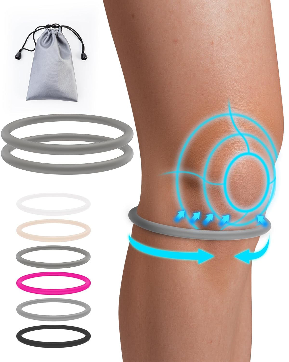 2PCS Patellar Tendon Support Strap for Knee Pain Relief, Knee Bands for Basketball, Running, Tennis, Soccer and Hiking, Silicone Patella Band for Women and Men, Includes Storage Bag (Black)