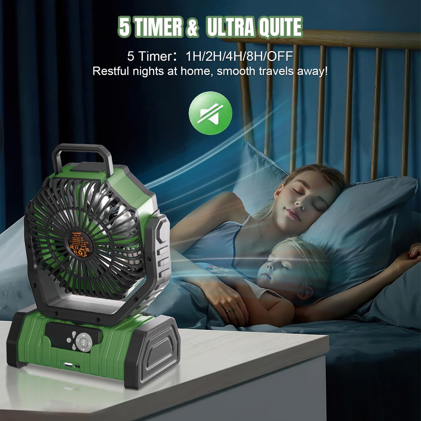 KEPEAK Rechargeable Camping Fan with LED Light, 20000Ah Battery Operated Powered Fan, 72H Runtime, Remote Control, 5.3m Airflow, Ultra-Quiet Portable Fan for Tents, Outdoor, Camping(Green)