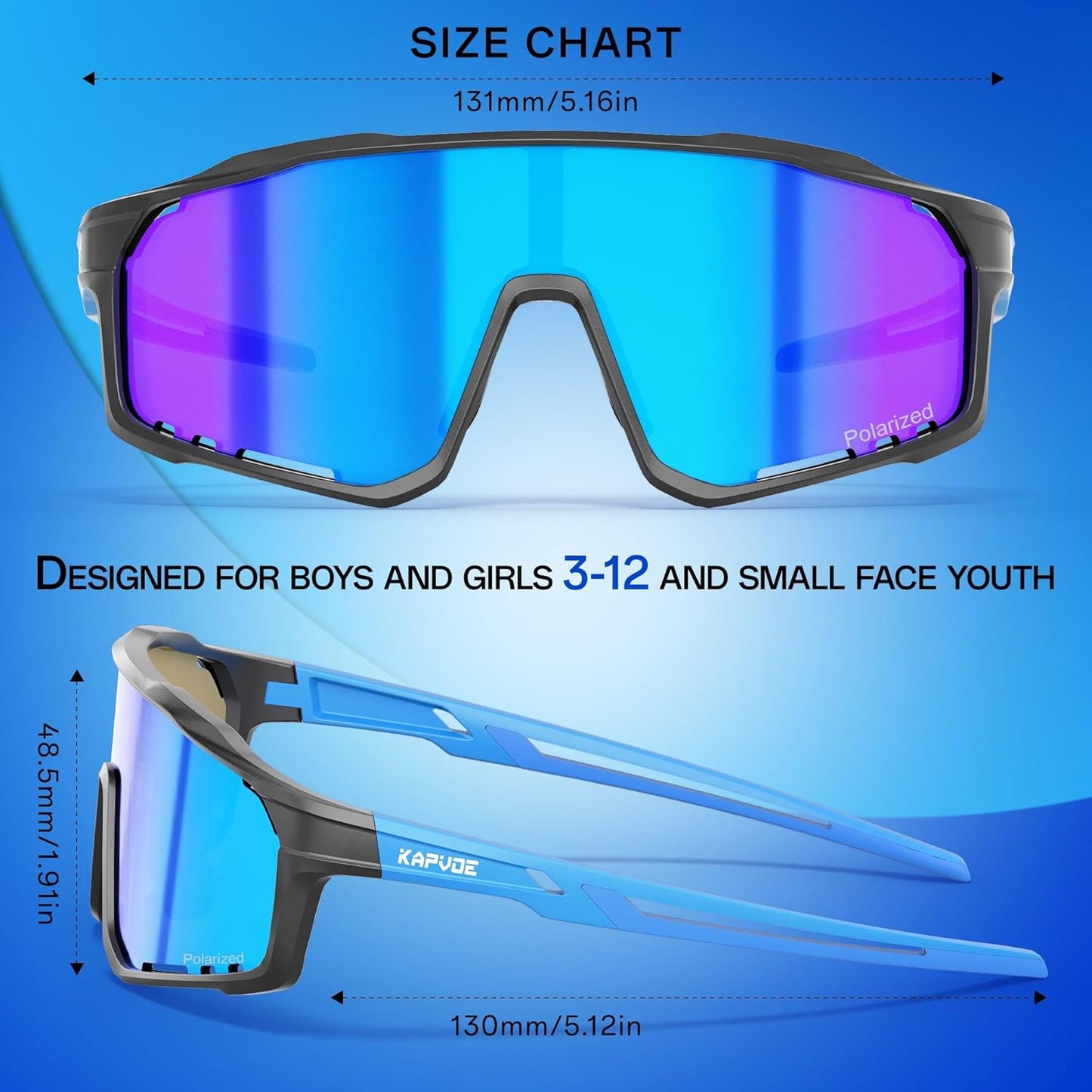KAPVOE Kids Baseball Glasses Youth Polarized Sports Sunglasses Softball Cycling Running Shades Boys Girls Age 3-14 - K9033