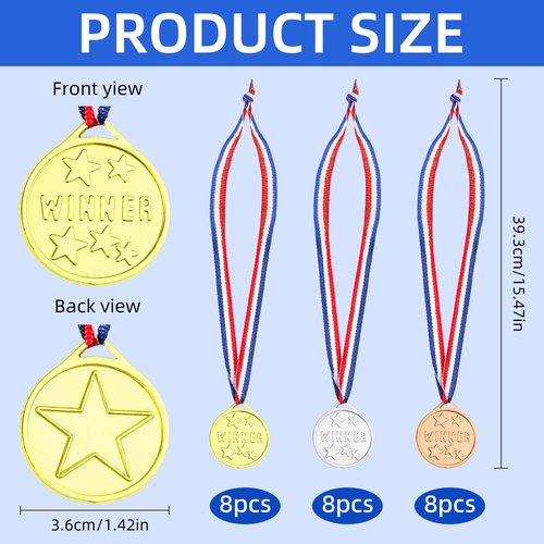 Foyods 24PCS Kids Gold Silver Bronze Award Medals for Awards, 3 Color Preschool 1st/2nd/3rd Gold Medals Graduation Grade Medals Bulk for Sport Celebration Souvenir Golden Silvery Medal