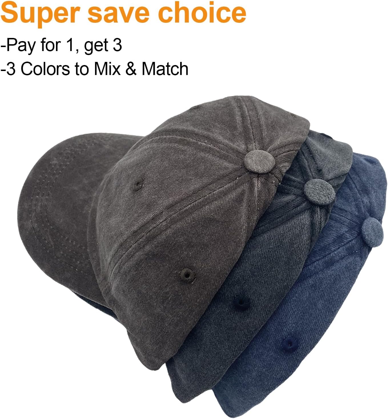 3 Packs Washed Plain Baseball Cap, Retro Adjustable Unstructured Cotton Dad Hats Gift for Men/Women