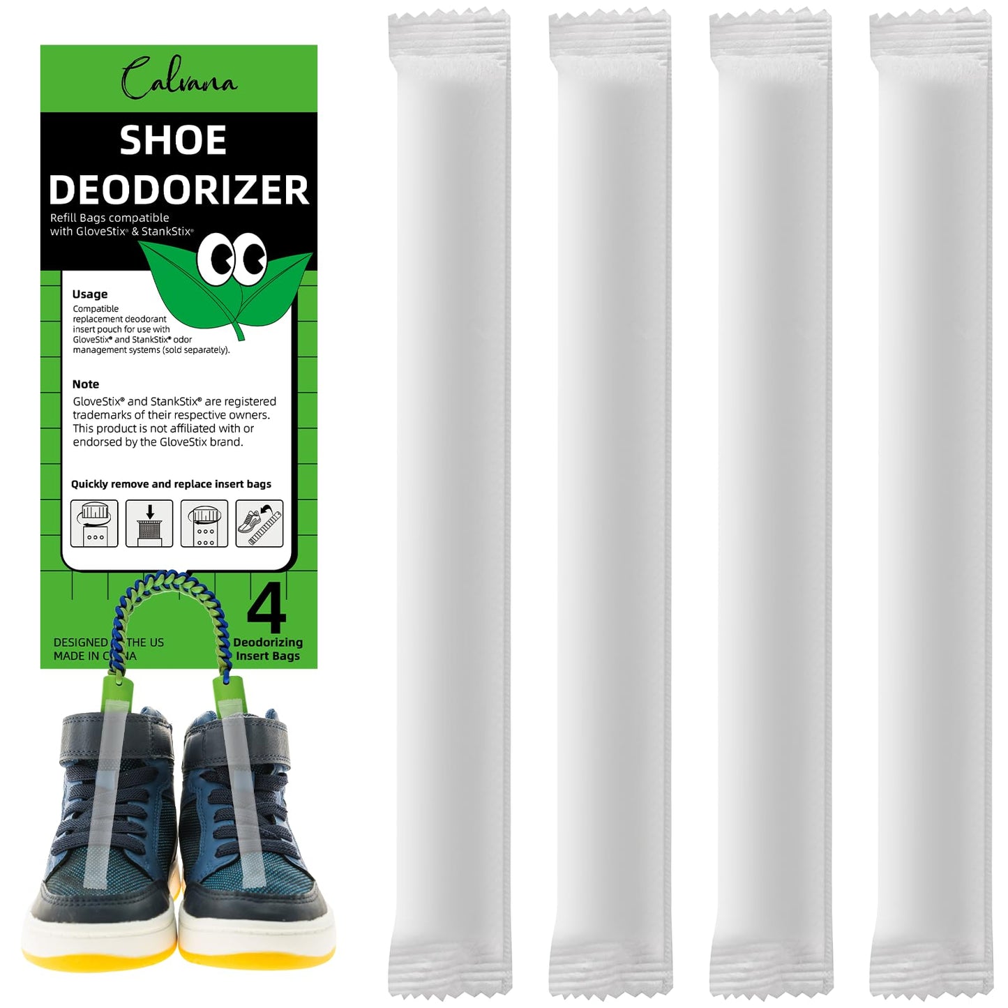 (4-Pack) Calvana Shoe Deodorizer, Refill Bags Compatible with GloveStix & StankStix, Odor Eliminator for Hockey & Lacrosse Gloves, Boxing & Soccer Gear, Gym Bags & Sports Equipment, Up to 6 Months