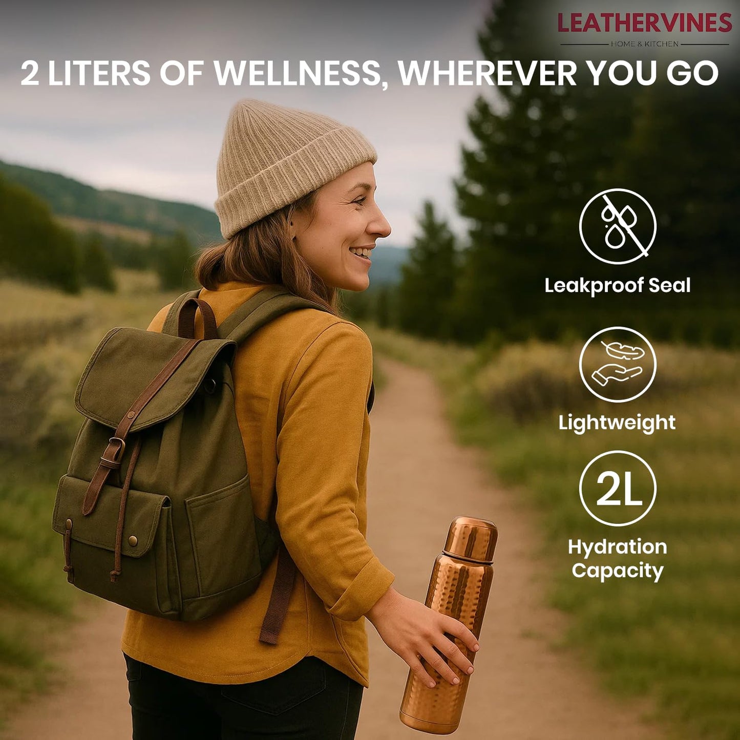 100% Pure Copper Water Bottle for Drinking 2L with Lid| Leak Proof Ayurvedic Vessel to Support Digestion, Immunity | Lightweight, Eco-Friendly, Perfect For Travel, Best Gift for Wellness Lovers