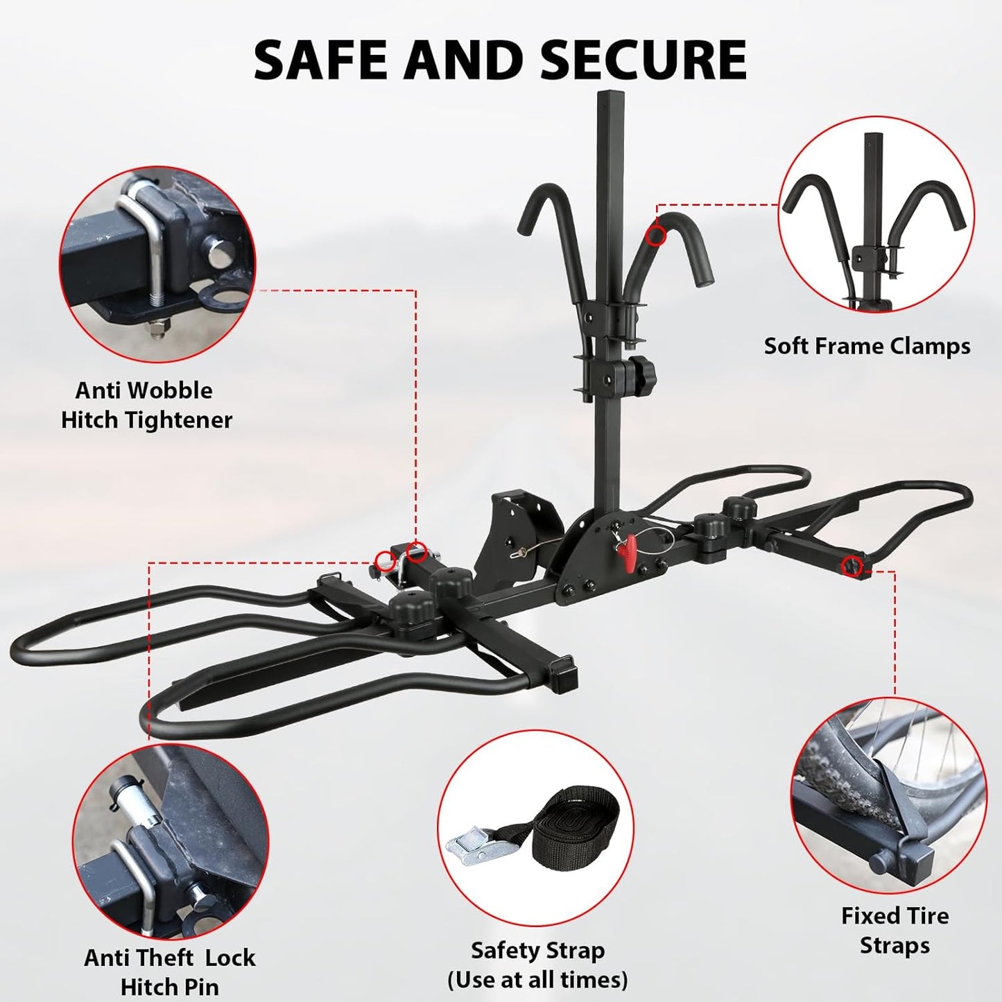 2 Bike Rack Hitch Mount Platform Style for Cars Trucks SUVs, 160 lbs Capacity Smart Tilting Folding Bicycle Car Racks Fits Electric Bike with Up to 5" Fat Tires, 2" Receiver