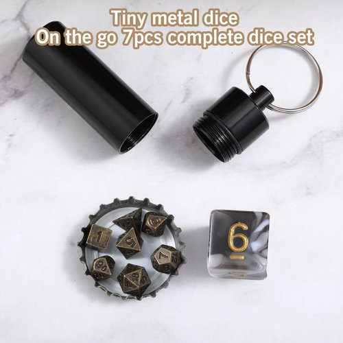 7 PCS Mini Dice Set, DND Miniature Metal Game Dice Set Portable Antique Copper Miniature with Keychain Case for D&D Player TTRPG Gamer or Dungeons and Dragons Role Playing Table Game Tools Gifts