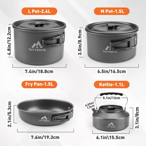 THTYBROS 27pcs Camping Cookware Mess Kit for 2-4 People, Portable Cookware Set with Kettle, Pots & Pans, Stainless Steel Utensils, Plates, Dishware for Backpacking, Picnic, Outdoor Adventures
