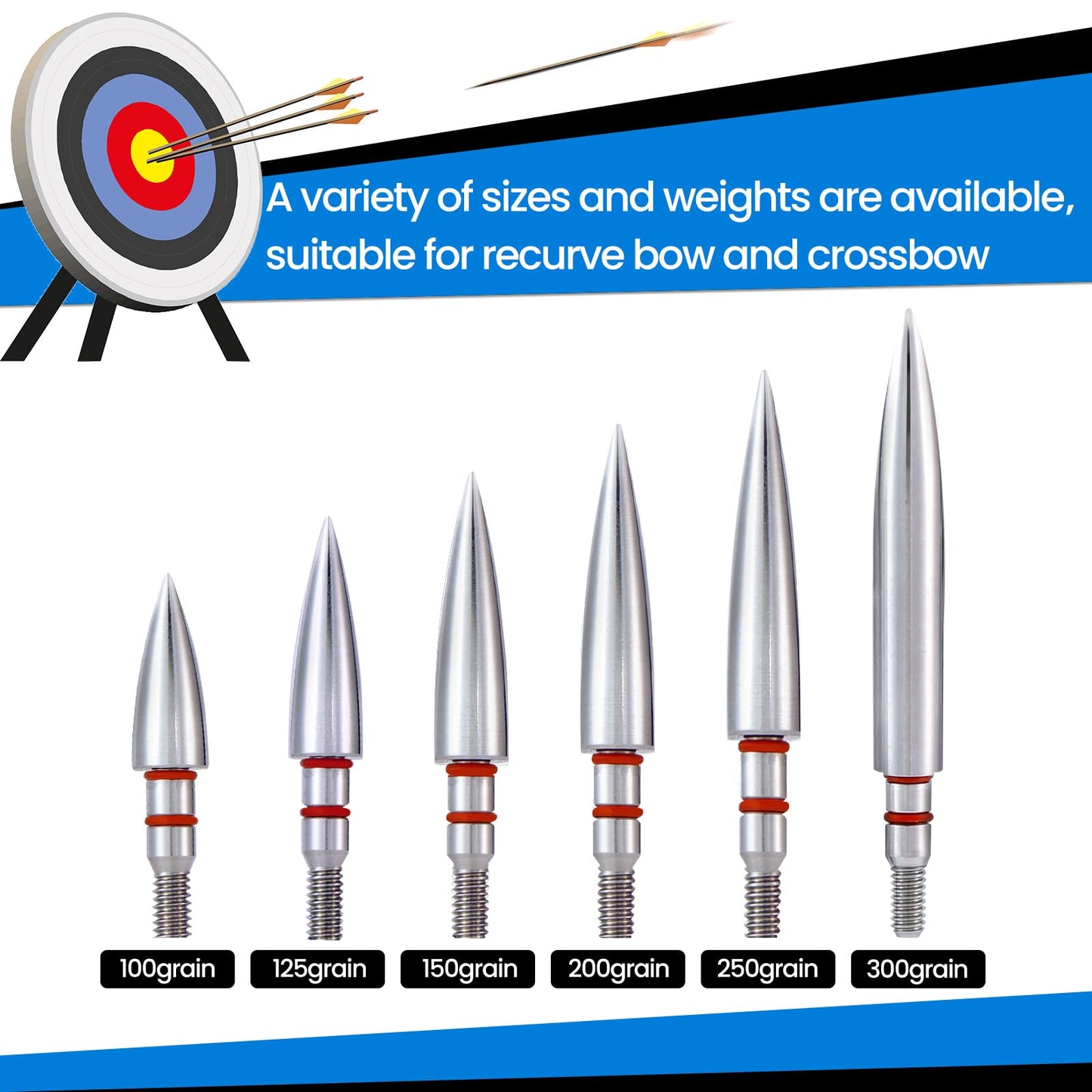 JGSDD 12pcs Archery Field Points, 100/125/150/300 Grain Field Points, Screw-in Archery Field Broadheads for Recurve, Compound Bow Crossbow, Archery Target Crossbow Practice Tip (9/32-100grain)