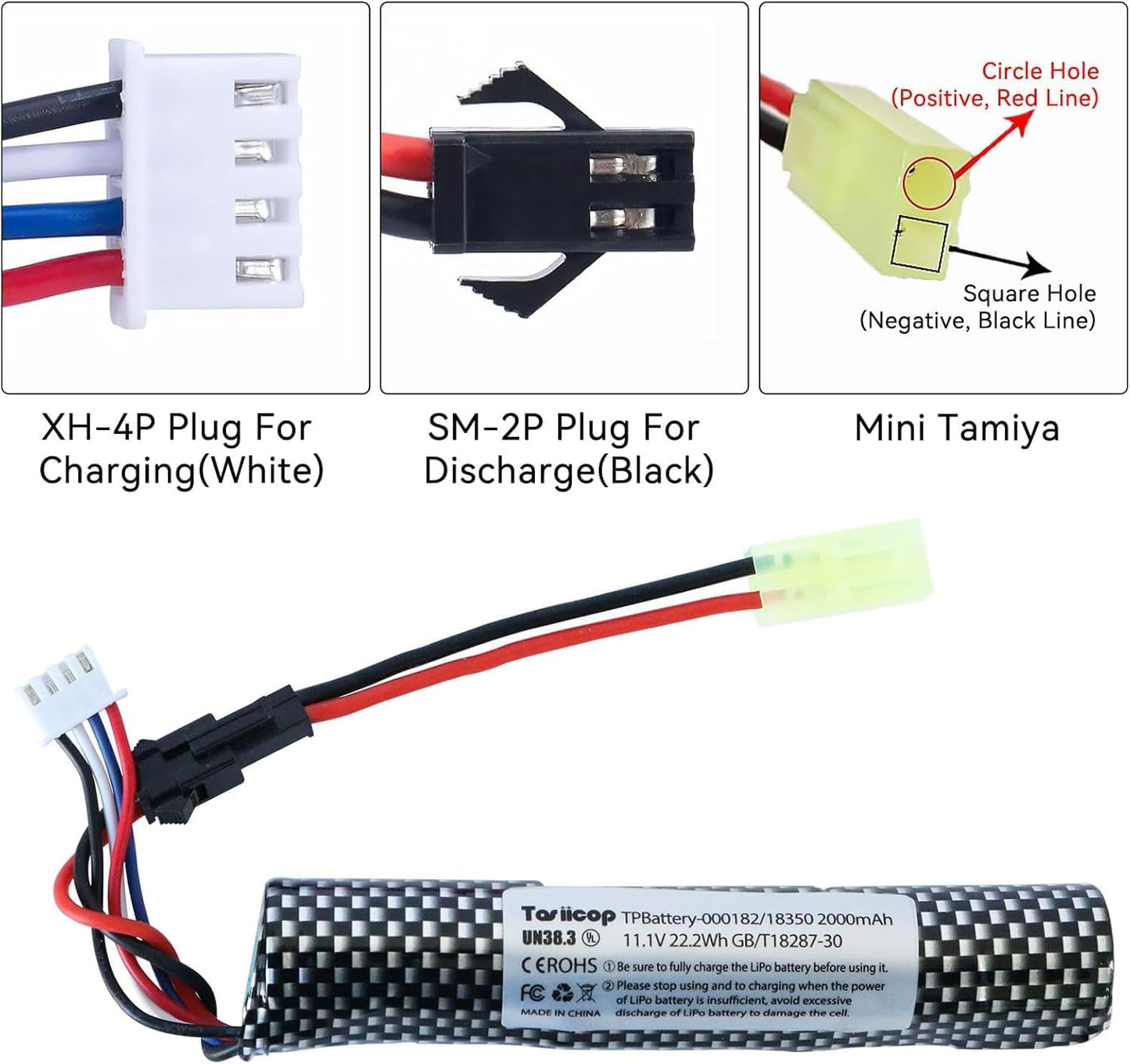 11.1v Battery Gel Blaster - Airsoft Batteries 11.1 Volt 2000mAh with Charger and Mini Tamiya Connector to SM-2P Plug Conversion Cable for Water Bead Splatter Ball 2 Pack