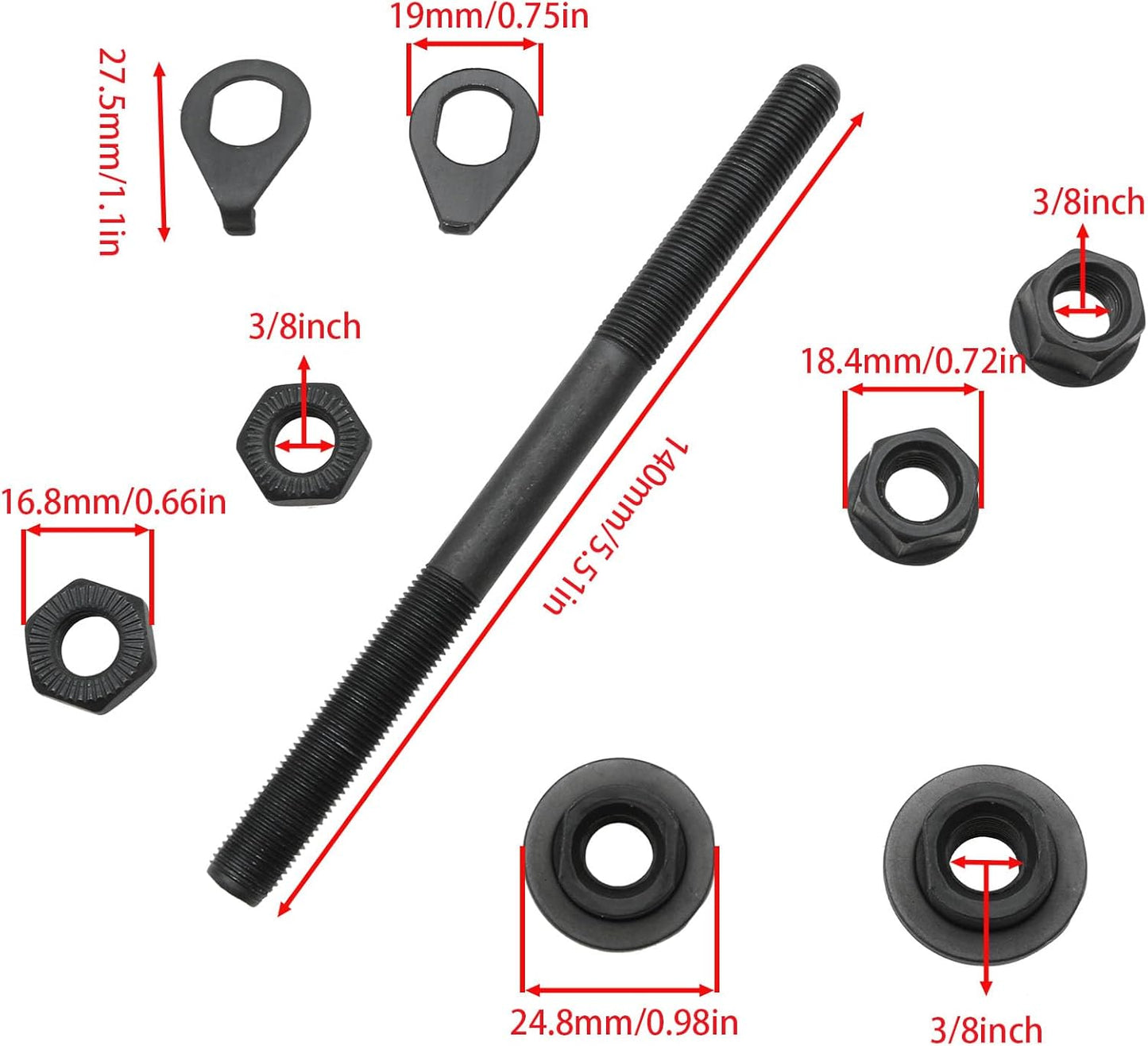 1PCS Bike Axle 150mm Bicycle Multiple Speed Front Hub Axle 3/8 Inch Black Bike Axle Replacement 26 TPI Hub Shaft Conical Lock Nut Washer Kit Bicycle Parts Accessories