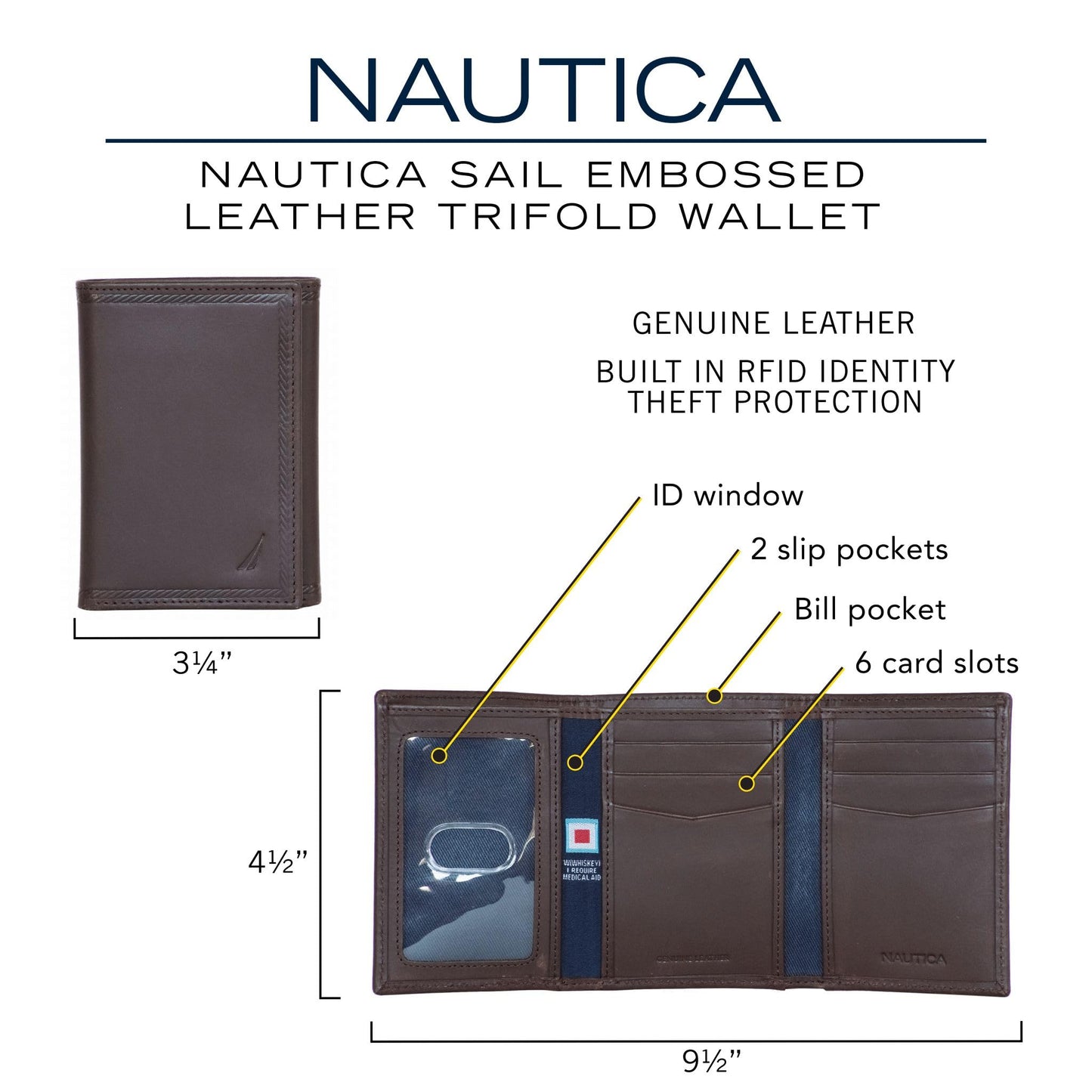 Nautica Mens Classic Sail Trifold Wallet | RFID Blocking Protection | ID Window | 6 Card Slots | 2 Slip Pockets | Genuine Leather | Organization | Durable | Stylish - Black