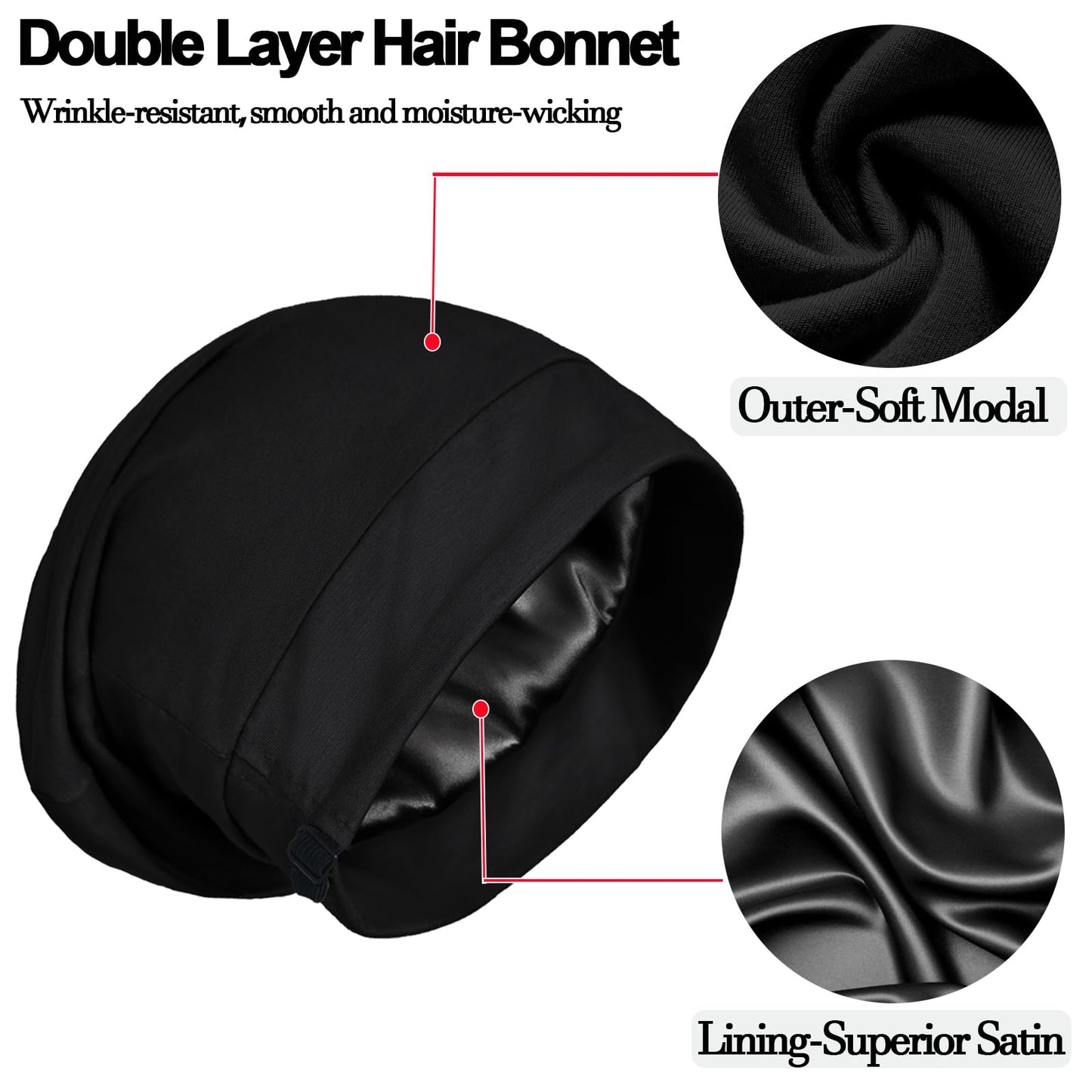 2PCS Satin Bonnet for Sleeping Night Cap, Adjustable Satin Lined Silk Bonnets Sleep Cap for Curly Hair Braids Beanie Black Women