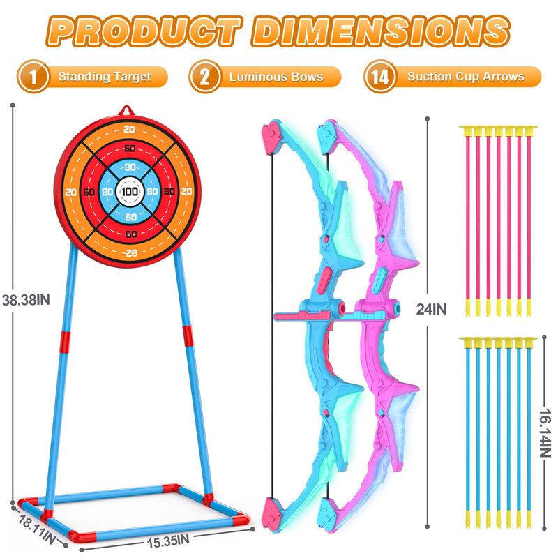 Ocditikl 2 Pack Bow and Arrow Set for Kids, Light Up Archery Set with 14 Suction Cup Arrows, Outdoor Toys for Kids Ages 6-8 8-12, Birthday Gifts Ideas Toys for 4 5 6 7 8 9 10 Year Old Girls Boys