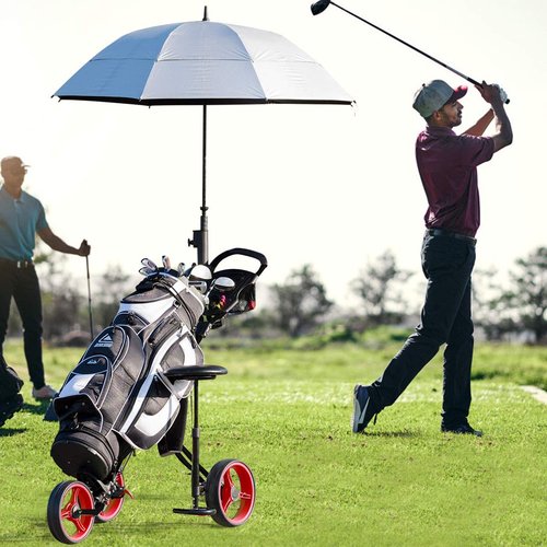 GYMAX Golf Cart, Foldable 3 Wheel Golf Push Cart with Detachable Seat, Umbrella Holder & Scoreboard, Portable Lightweight Golf Pull Cart, Golf Bag Trolley for Golf Clubs (Red)