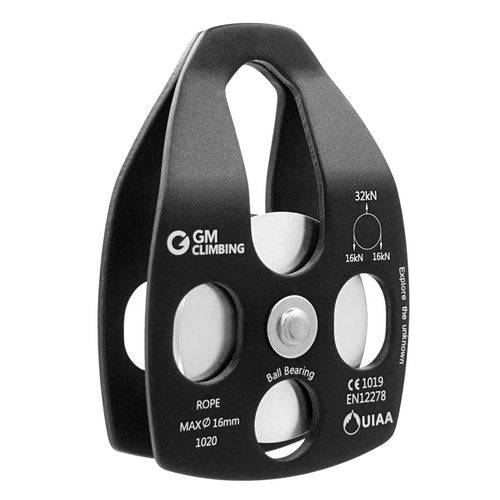 GM CLIMBING Black Large Rescue Pulley 32kN Single Sheave with Swing Plate CE UIAA Certified