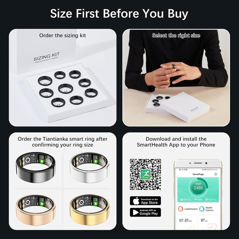 Ring Health Tracker for Women Men, Fit Ring with Heart Rate, Blood Oxygen, Sleep Monitor, Calories, Step Counter, IP68 Waterproof Smart Ring for iPhone & Android, No Subscription Fee (Silver, 13#)