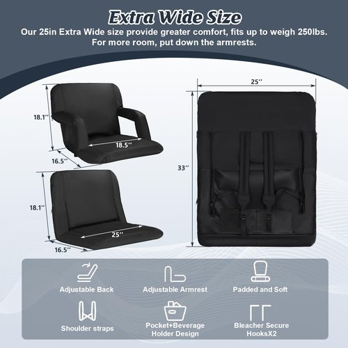 Gbekery Extra Wide Stadium Seats with Back Support,25" Wide 2 Pack Padded Reclining Bleacher Chairs with Back and Cushion,6 Reclining Positions,2 Steel Bleacher Hooks,Side Pockets & Cup Holders(Black)