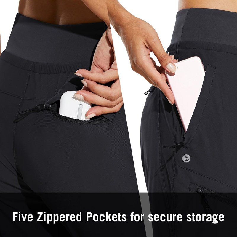 baleaf Women's Joggers 28'' Lightweight Hiking Pants High Waist 5 Zipper Pockets Quick Dry Travel Athletic UPF50+ Black M
