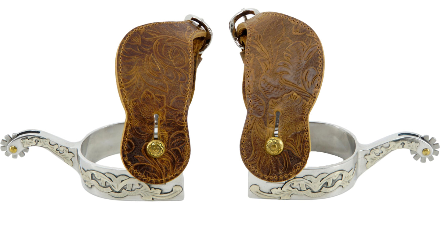 Jeereal Men's Western Stainless Steel Cowboy Spurs with Spur Straps, Engraved German Silver Trims,Iron 1" Band 2-1/4" Shank