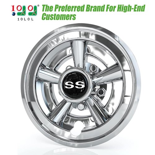 10L0L Golf Cart SS Wheel Covers Hub Caps for EZGO, Club Car, Yamaha - 8 Inch Snap-on Installation, Chrome, Set of 4