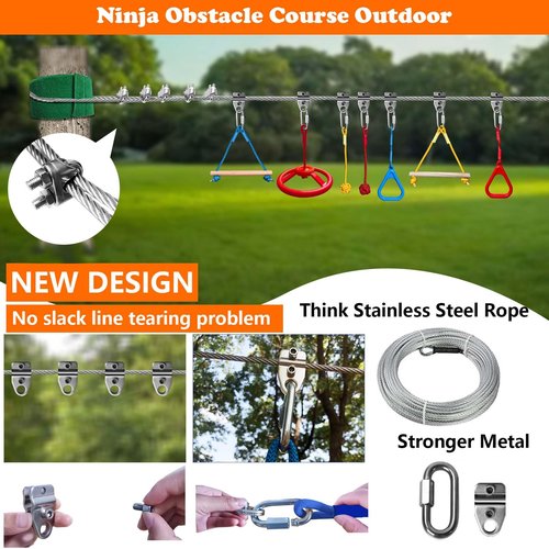 SZHTMZXC 50FT Ninja Warrior Obstacle Course for Kids Backyard Outdoor, 10 Ninja Accessories Play Set Equipment, Stainless Steel Main Rope 500lbs, Monkey Bars, Ninja Wheel, Climbing Net (50FT 10Pcs)