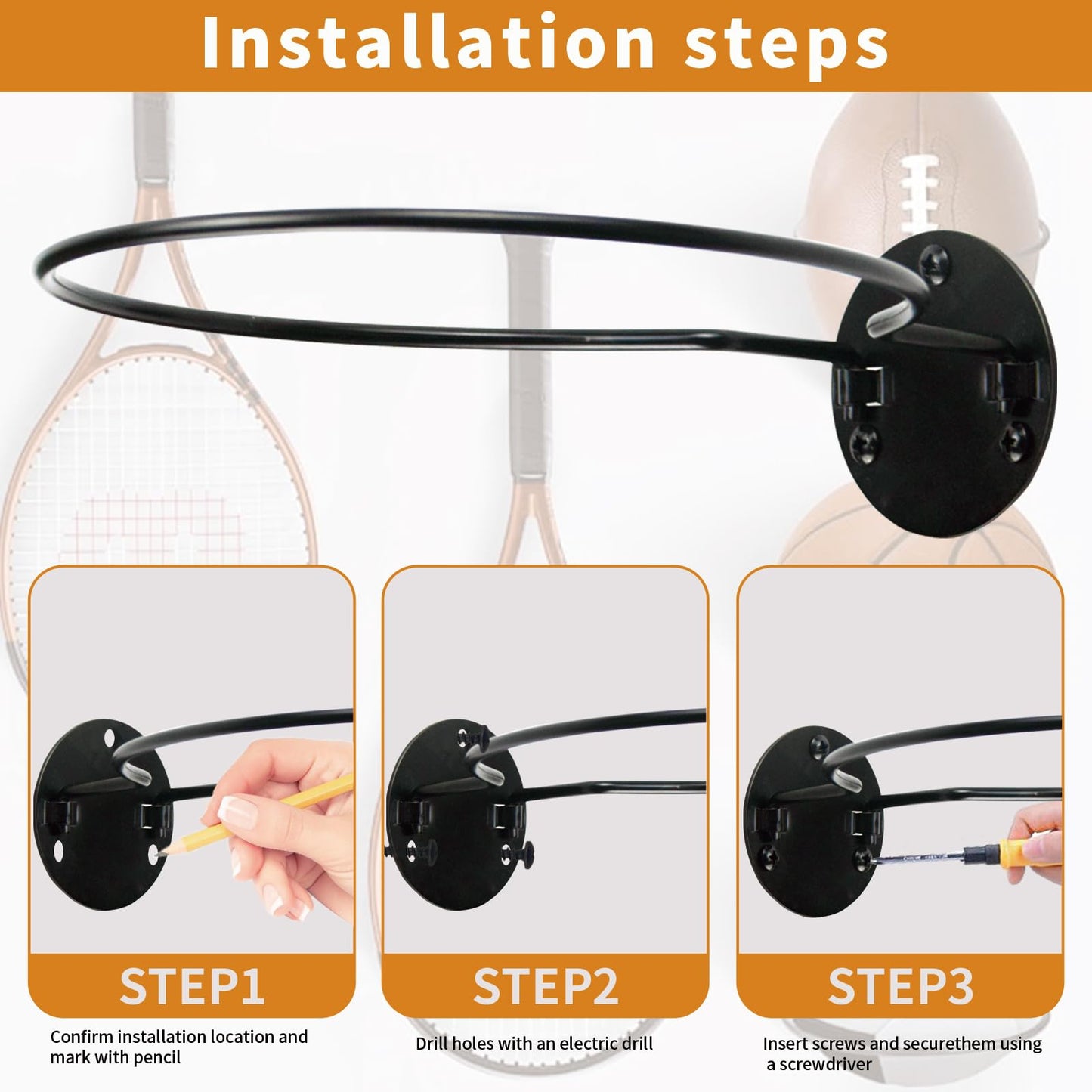 Emiluil Wall Mount Ball Display Rack, Sports Ball Storage Holder for Basketball, Football, Soccer, Volleyball Collection,Sports Accessories Organizer