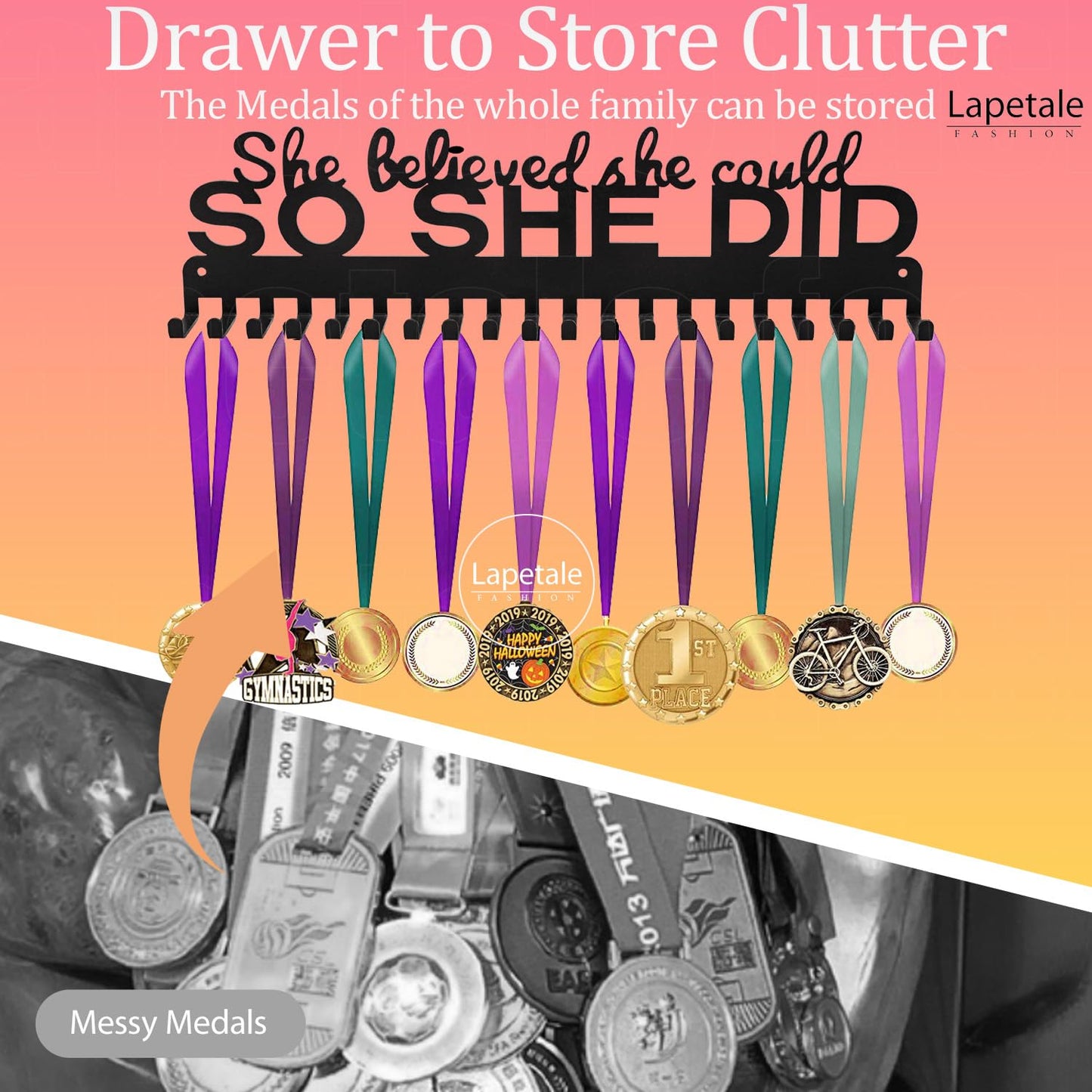 Lapetale Fashion Metal Medal Hanger Display for 63 Medals – She Believed She Could So She Did (16" Wide with 20 Hooks) - Black- Awesome Gifts-Patent NO.983560S