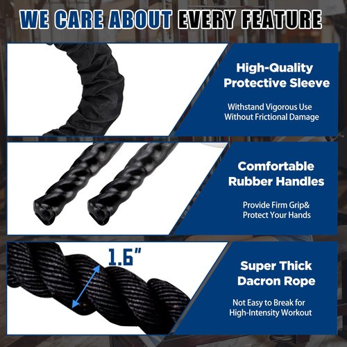 Exercise Battle Ropes 1.5 inch 30 ft - Heavy Duty Polyester Workout Ropes for Home Gym, Strength Training, and Fitness Equipment - Black