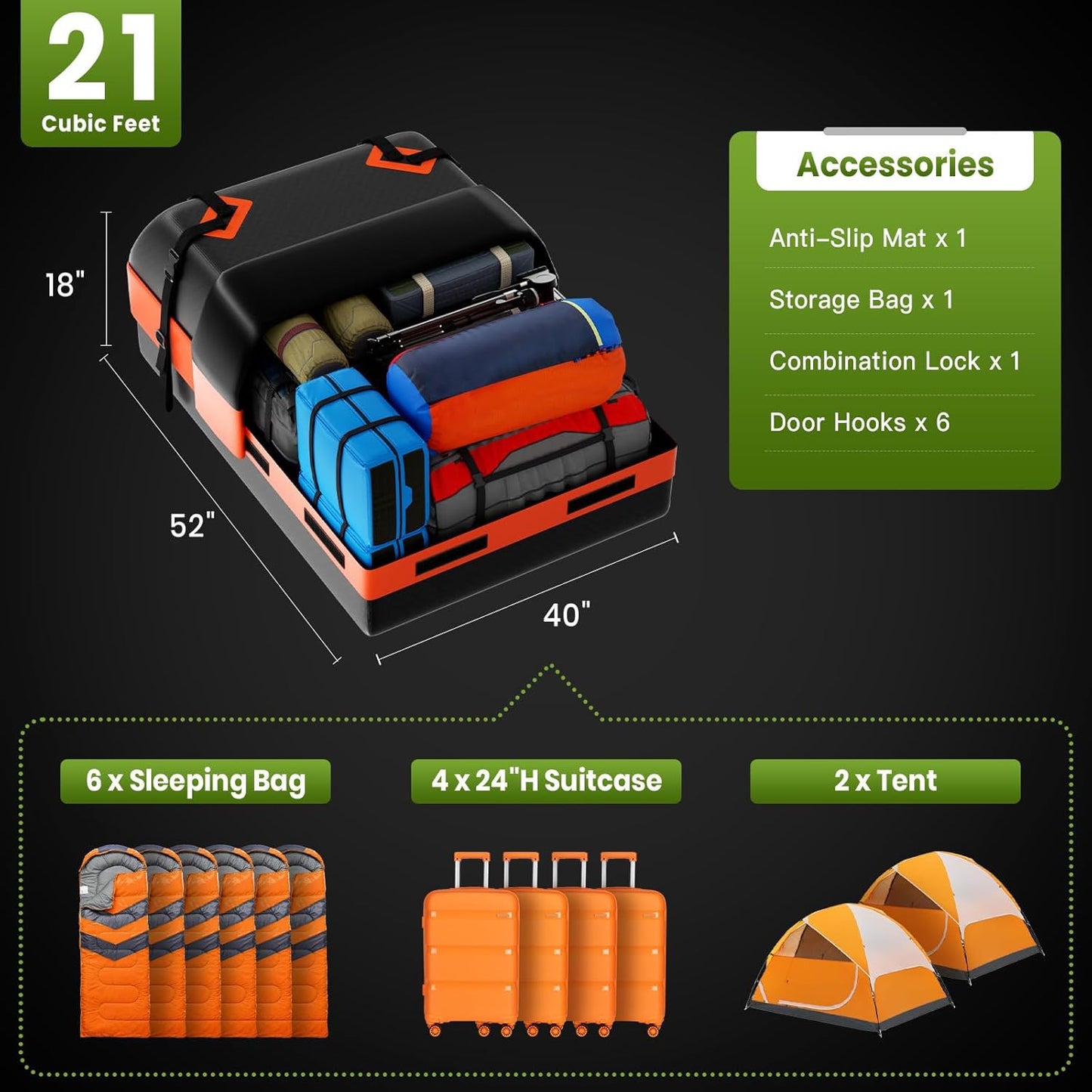 21 Cubic Feet Car Rooftop Cargo Bag Carrier, Soft Roof Top Luggage Bag for All Vechicles with/Without Racks - with Waterproof Zip, Luggage Lock, Anti-Slip Mat, Storage Bag, Door Hooks, Blue