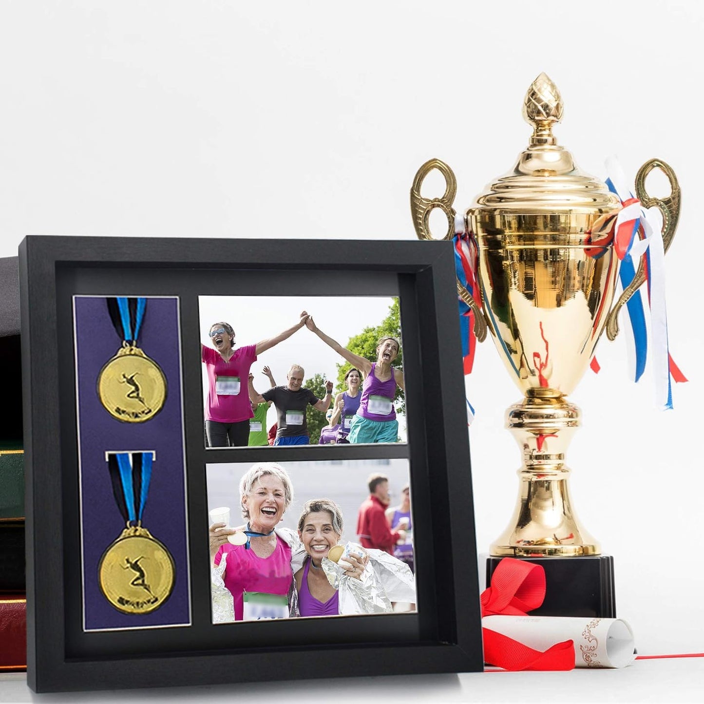 Iheipye Large Medals Display Shadow Box - 6 Medal Display case - Perfect Medal Display for War Military, Runners, Marathon, Race Winner, Football, Gymnastics & All Sports (Black, 12x12)