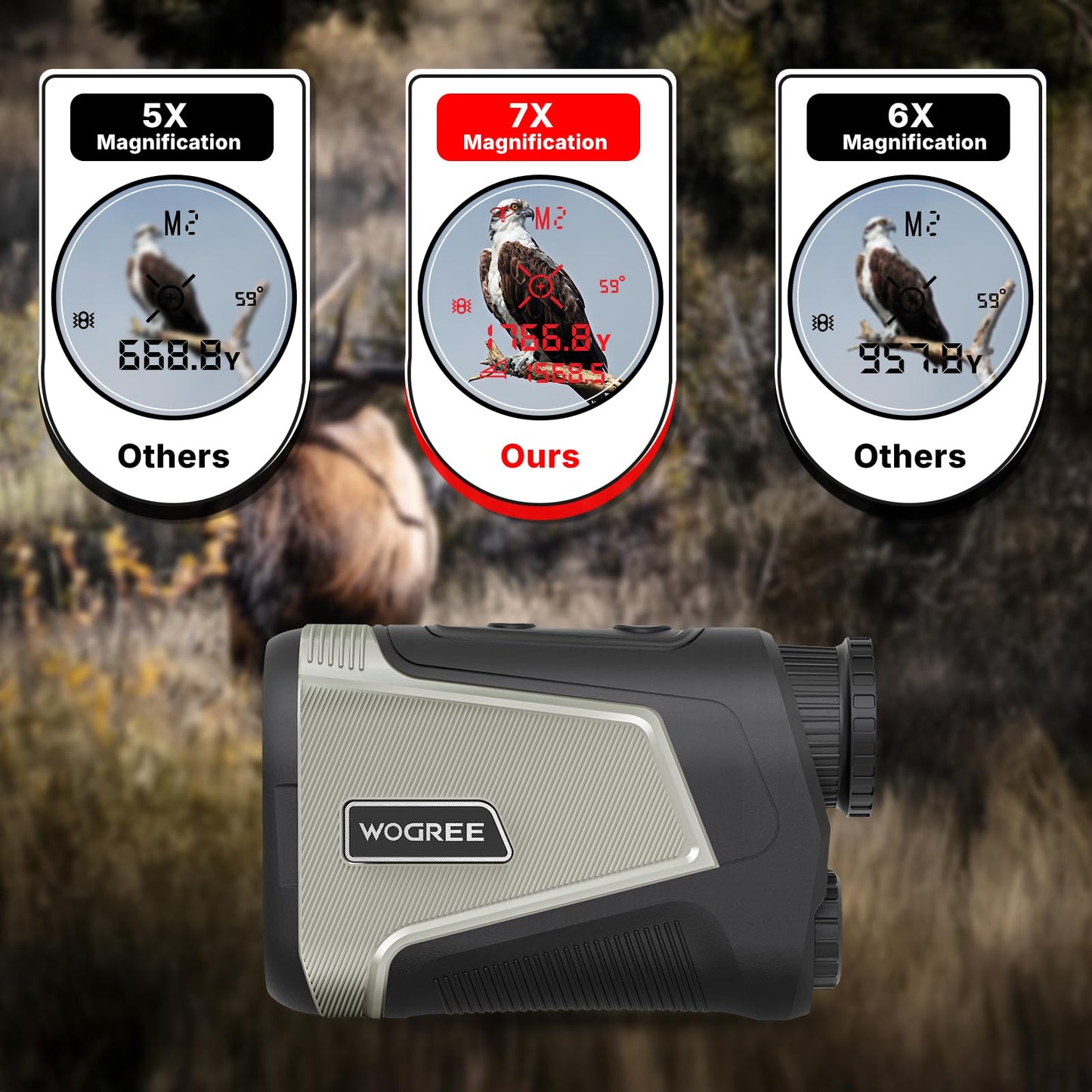 1800 Yards Range Finder for Hunting, 7X Magnification, WOGREE Laser Rangefinder with OLED Red Display, ±1 Yard Accuracy, Long Distance Measuring for Hunter&Golfer, Locking with Pulse Vibration