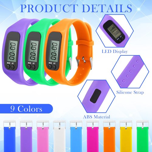 Tondiamo 9 Pcs Fitness Tracker Watch Silicone LED Walking Running Pedometer Calorie Burning and Step Counting Watch Pedometer Bracelet for Walking Men Women Kids Sports, Multi Colors