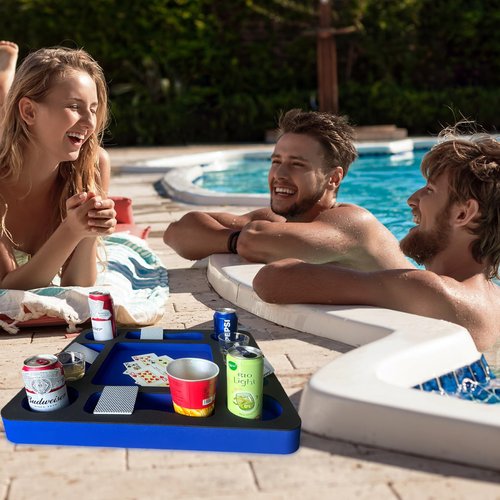 RAMIEYOO Floating Pool Games Table for Adults - All-in-One Drink Holder & Refreshment Station for Pool, Beach, Hot Tub,Waterproof Cards Included,Summer Party Essentials (Black-Blue, 19 * 19 Inch)