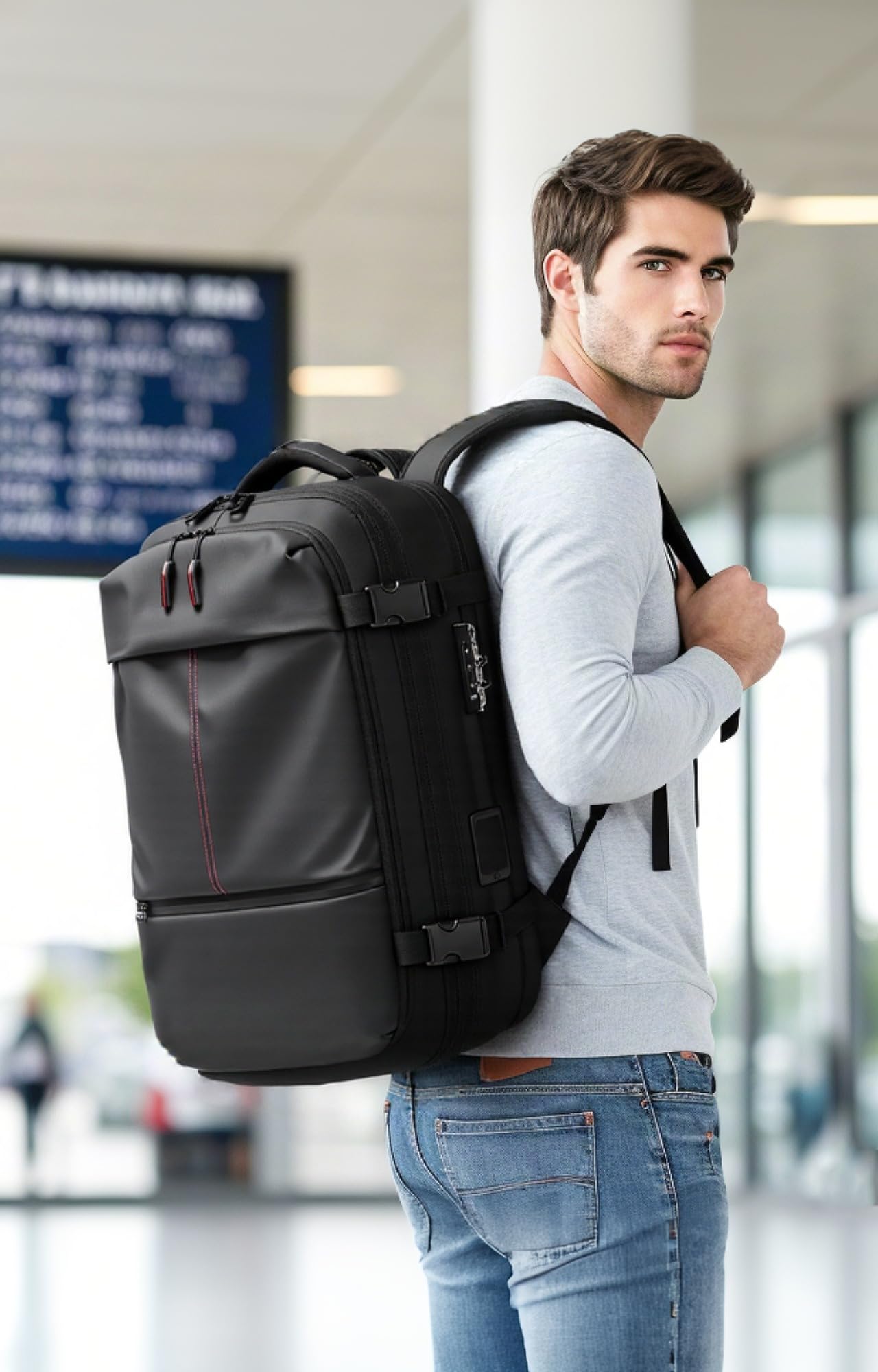 IKYWT Vacuum Seal Backpack Travel 60L Expandable Air Compression System, Airback Vacpack Backpack TSA Lock Water Resistant Carry-On Luggage (Black, with Pump)